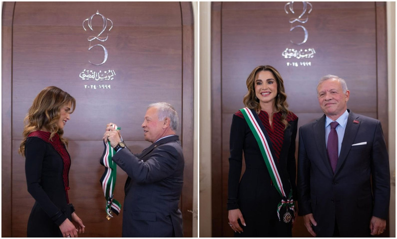 الملك الأردني يقلد الملكة رانيا وسام النهضة المرصع