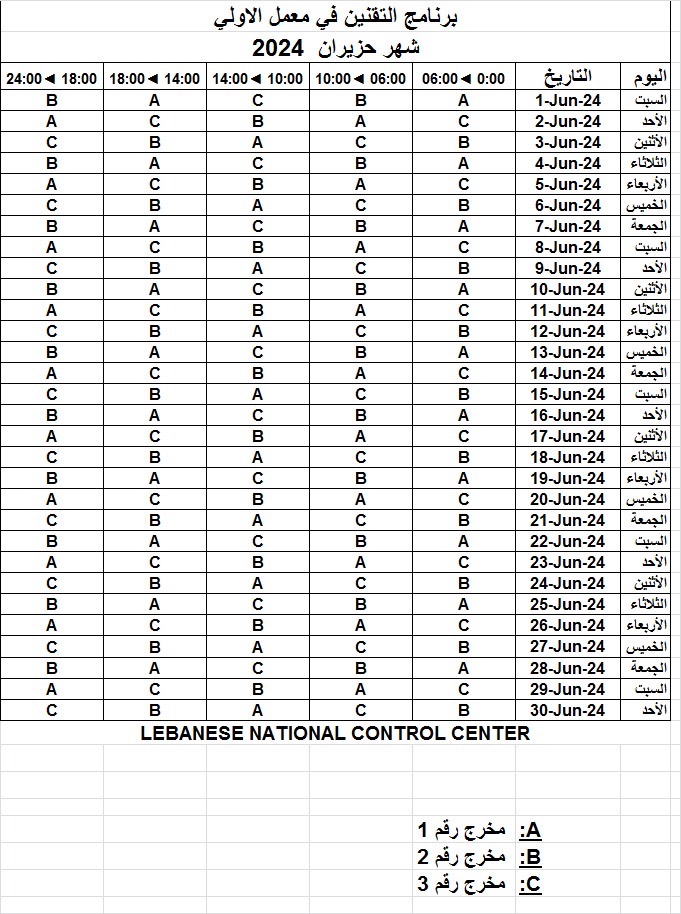 جدول التقنين عن شهر حزيران