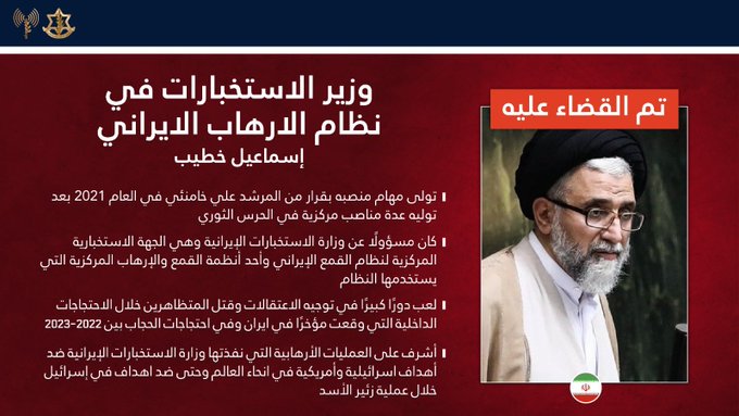 أدرعي: قضينا على وزير الاستخبارات الإيراني اسماعيل خطيب